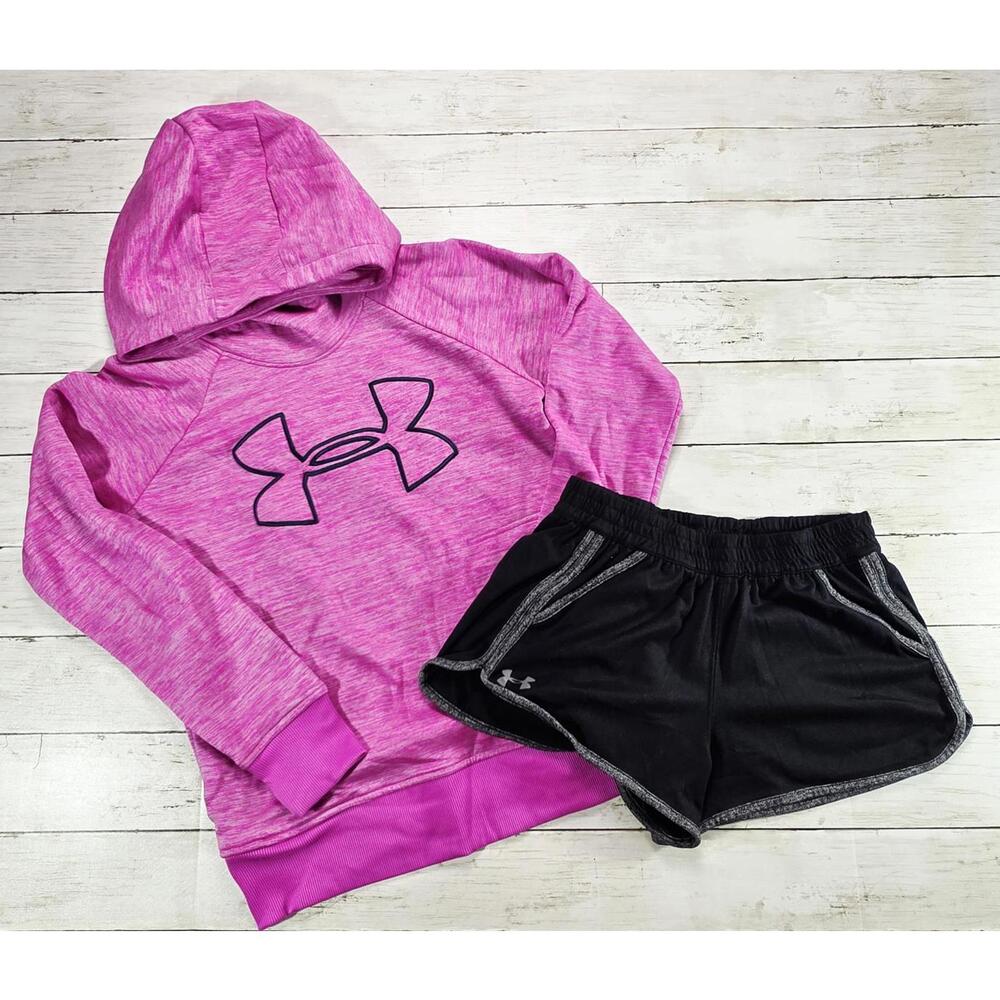 Under Armour Pink Hoodie and Black Athletic Shorts Set Sz XS